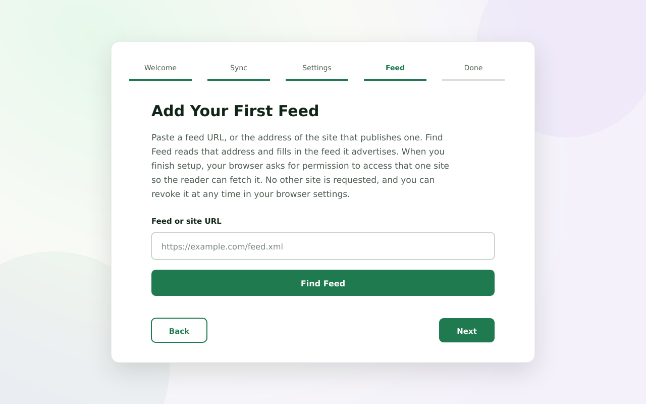 Onboarding: paste a feed or site URL, then add the first feed after the one-site access prompt.
