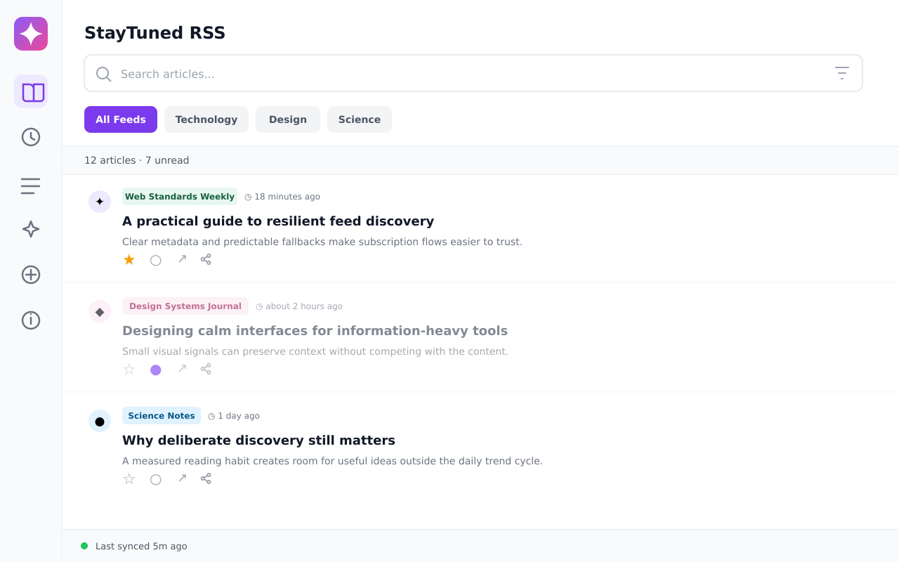 Reader: filter cached articles, track read and starred state, and share from a row.